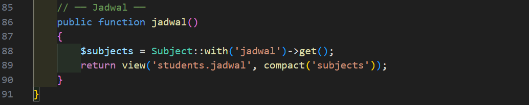 Method jadwal() di StudentController